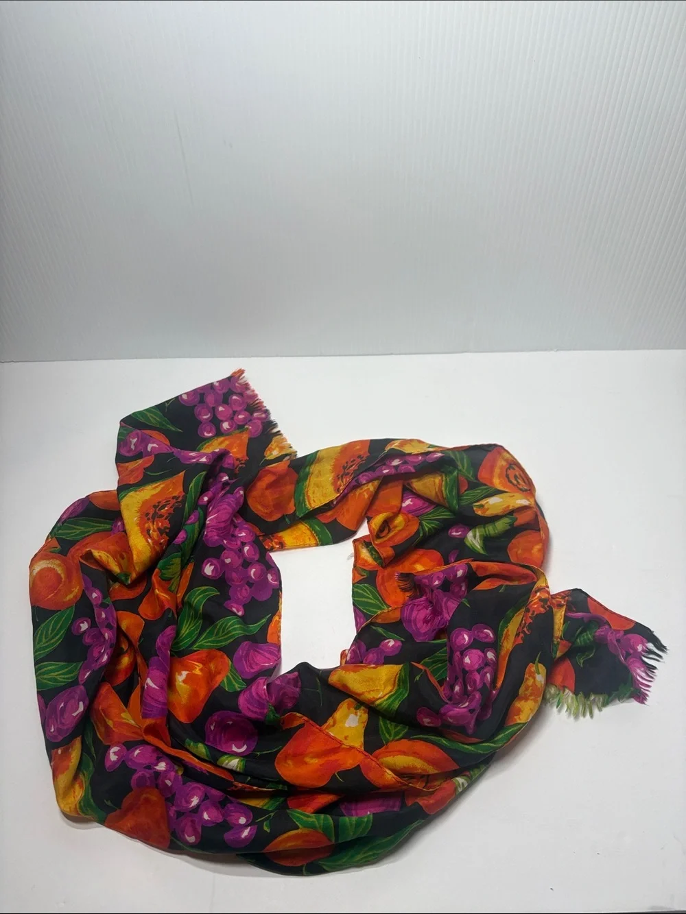 Black Fruit-Print Women's Scarf with Orange & Purple Accents